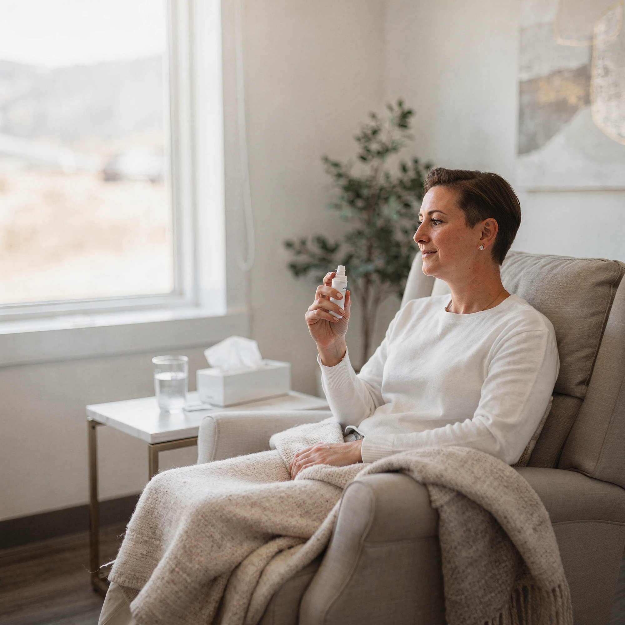 Patient using Spravato nasal spray in a comfortable treatment room with mountain views